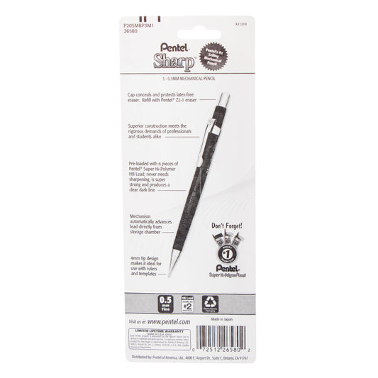 Pentel Sharp Mechanical Pencil, (0.5mm), Metallic Barrels, Assorted Colors (B/C/D), 3-Pk (P205MBP3M1)