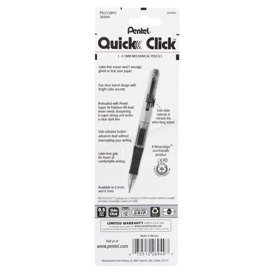 QUICK CLICK Mechanical Pencil (0.5mm), Assorted Barrels, 2-Pk (PD215BP2)