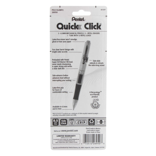 QUICK CLICK Mechanical Pencil (0.5mm) with Lead and (2) Eraser Refills, 2-Pk (PD215LEBP2)
