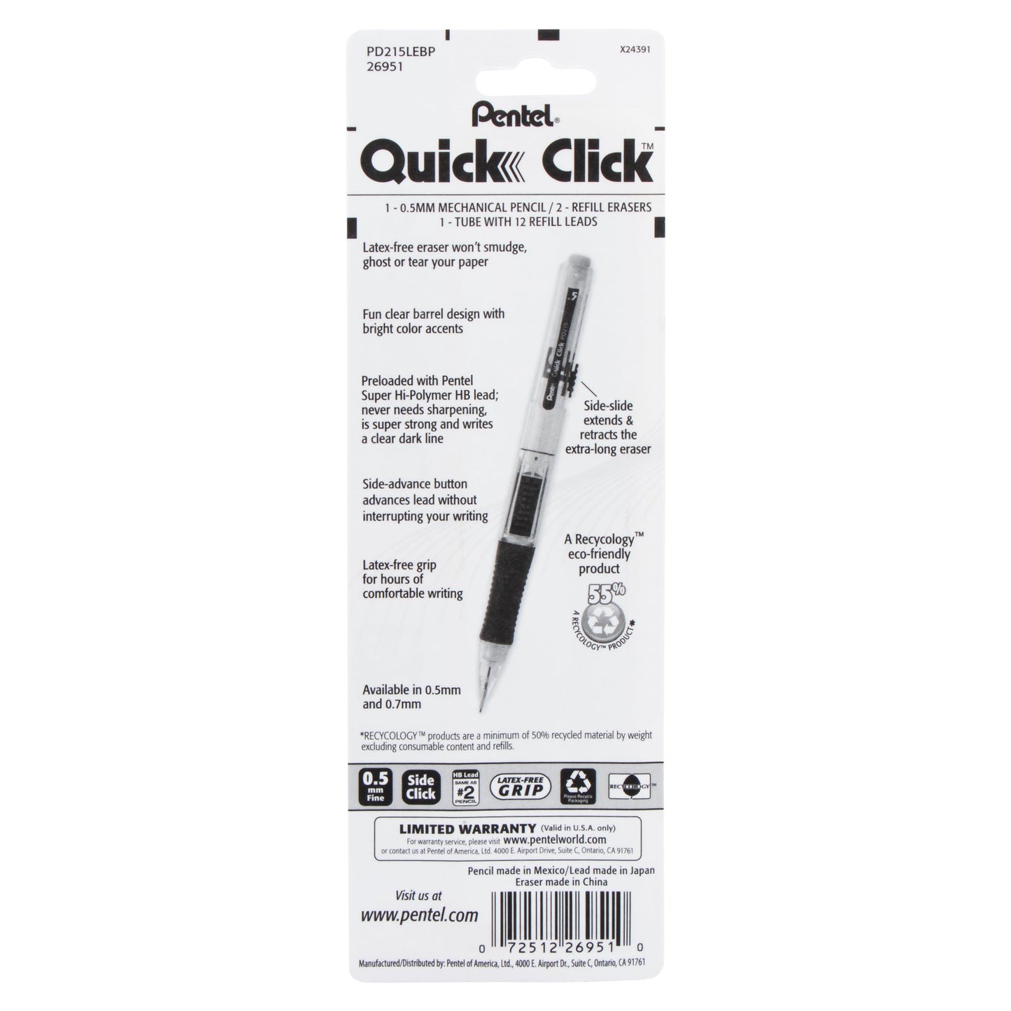 QUICK CLICK Mechanical Pencil (0.5mm) with Lead and (2) Eraser Refills, 1-Pk (PD215LEBP)