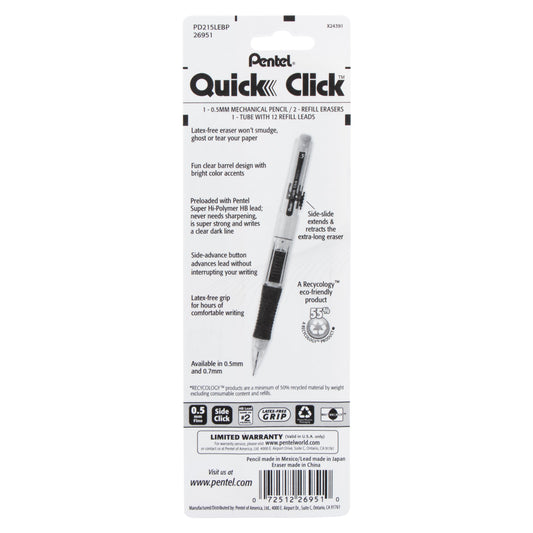 QUICK CLICK Mechanical Pencil (0.5mm) with Lead and (2) Eraser Refills, 1-Pk (PD215LEBP)