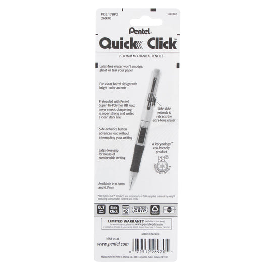 QUICK CLICK Mechanical Pencil (0.7mm), Assorted Barrels, 2-Pk (PD217BP2)