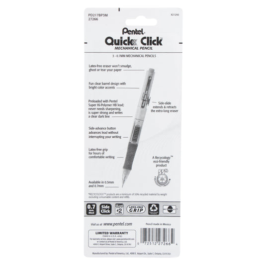 Quick Click Mechanical Pencil, (0.7mm) Medium line, Assorted Colors - 3-pk (PD217BP3M)