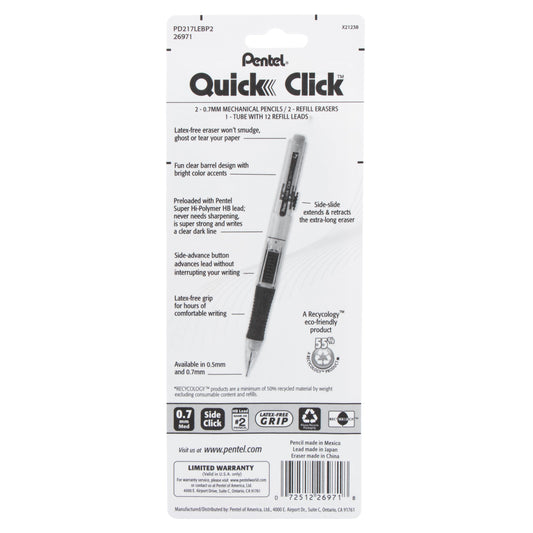 QUICK CLICK Mechanical Pencil (0.7mm) with Lead and (2) Eraser Refills, 2-Pk (PD217LEBP2)