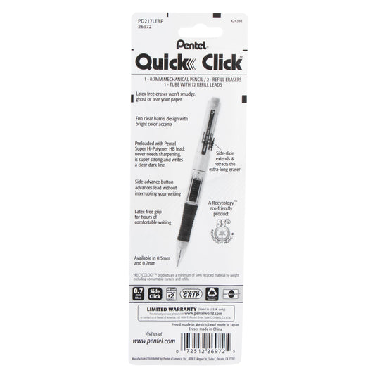 QUICK CLICK Mechanical Pencil (0.7mm) with Lead and (2) Eraser Refills, 1-Pk (PD217LEBP)