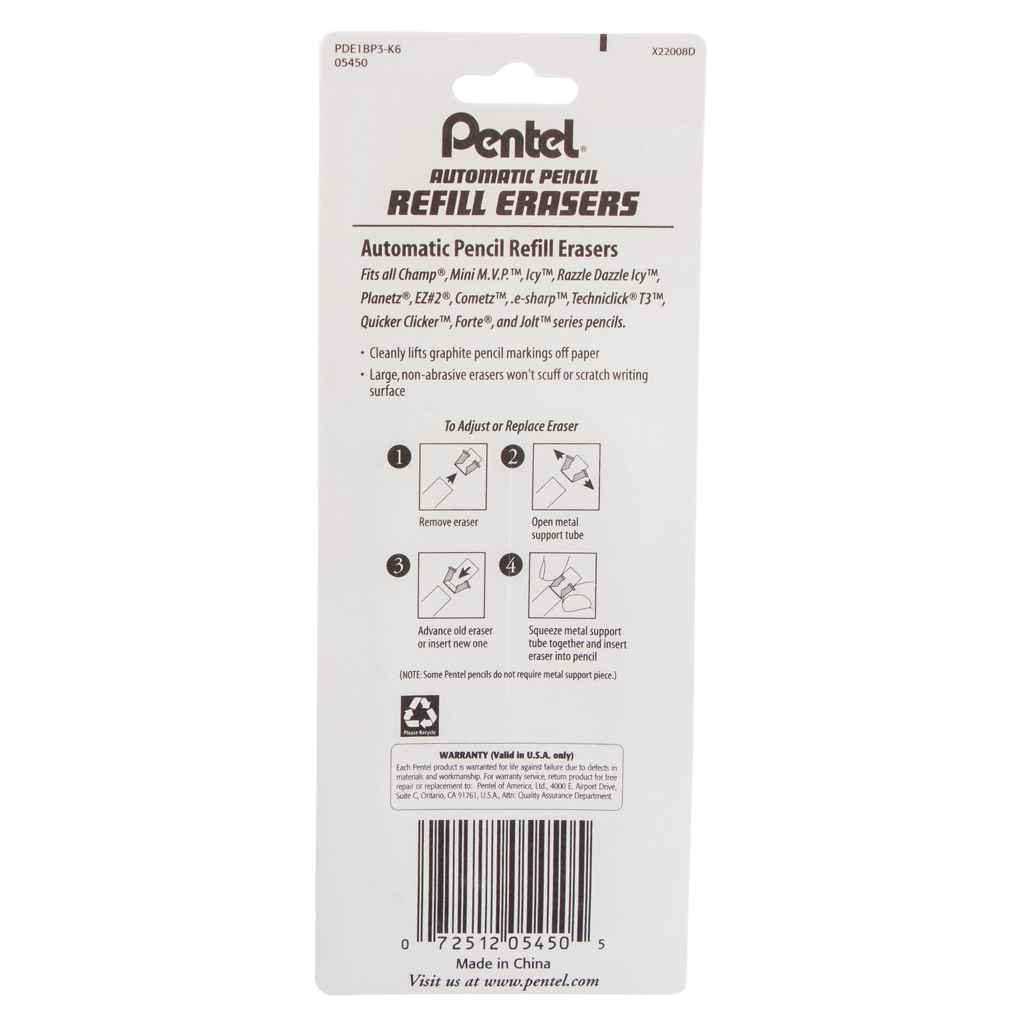 Refill Eraser For AL, AX and PD Series Pencils 5 pcs/Tube, 3-Pk (PDE1BP3-K6)