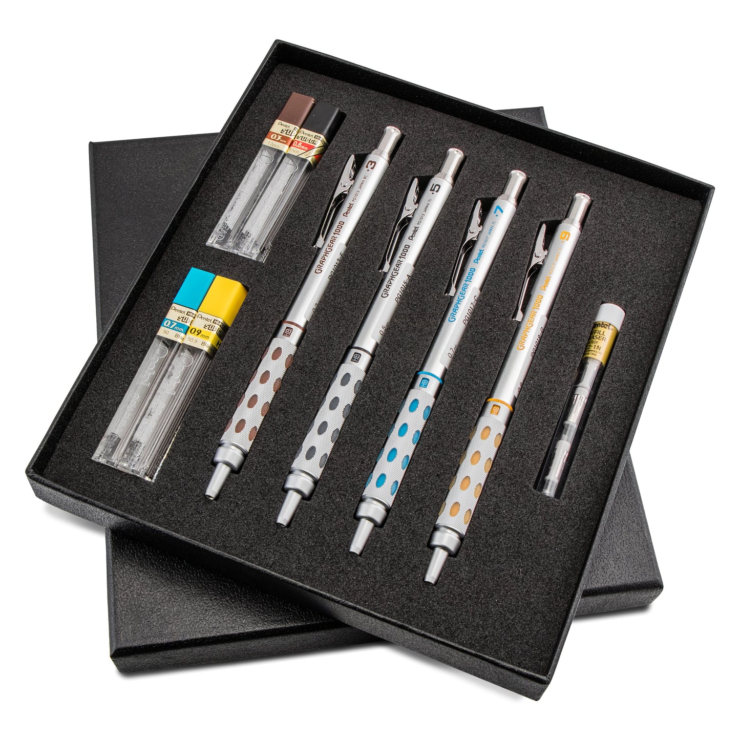 Pentel Arts GraphGear 1000 Premium Automatic Drafting Pencil Set (0.3mm, 0.5mm, 0.7mm, 0.9mm), 4 Asst. Leads, Refill Erasers, Assorted Gift Box Set (PG1000BXSET)