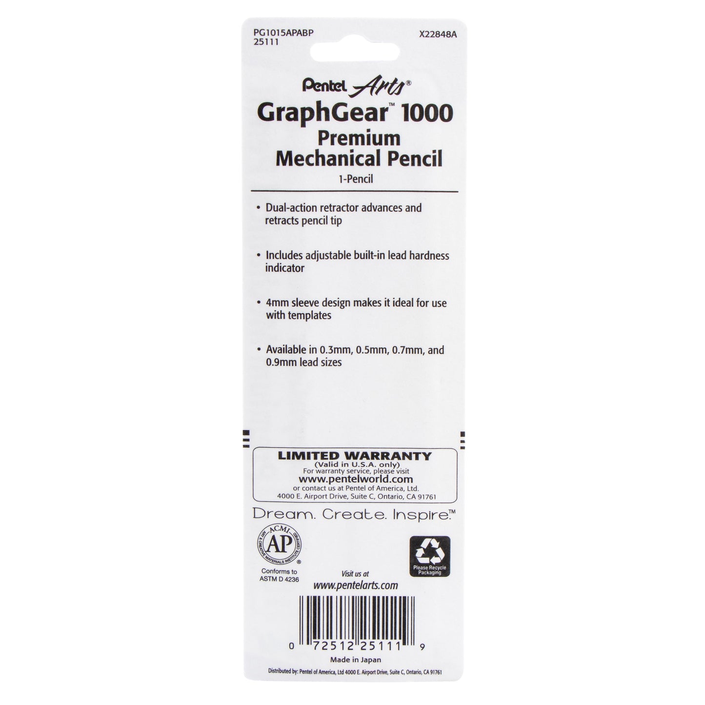 Pentel Arts GraphGear 1000 Automatic Drafting Pencil (0.5mm), 1-Pk (PG1015APABP)