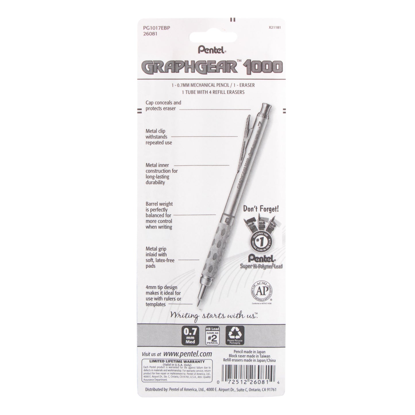 GraphGear 1000 Automatic Drafting Pencil (0.7mm), Eraser Refills, 1-Pk (PG1017EBP)