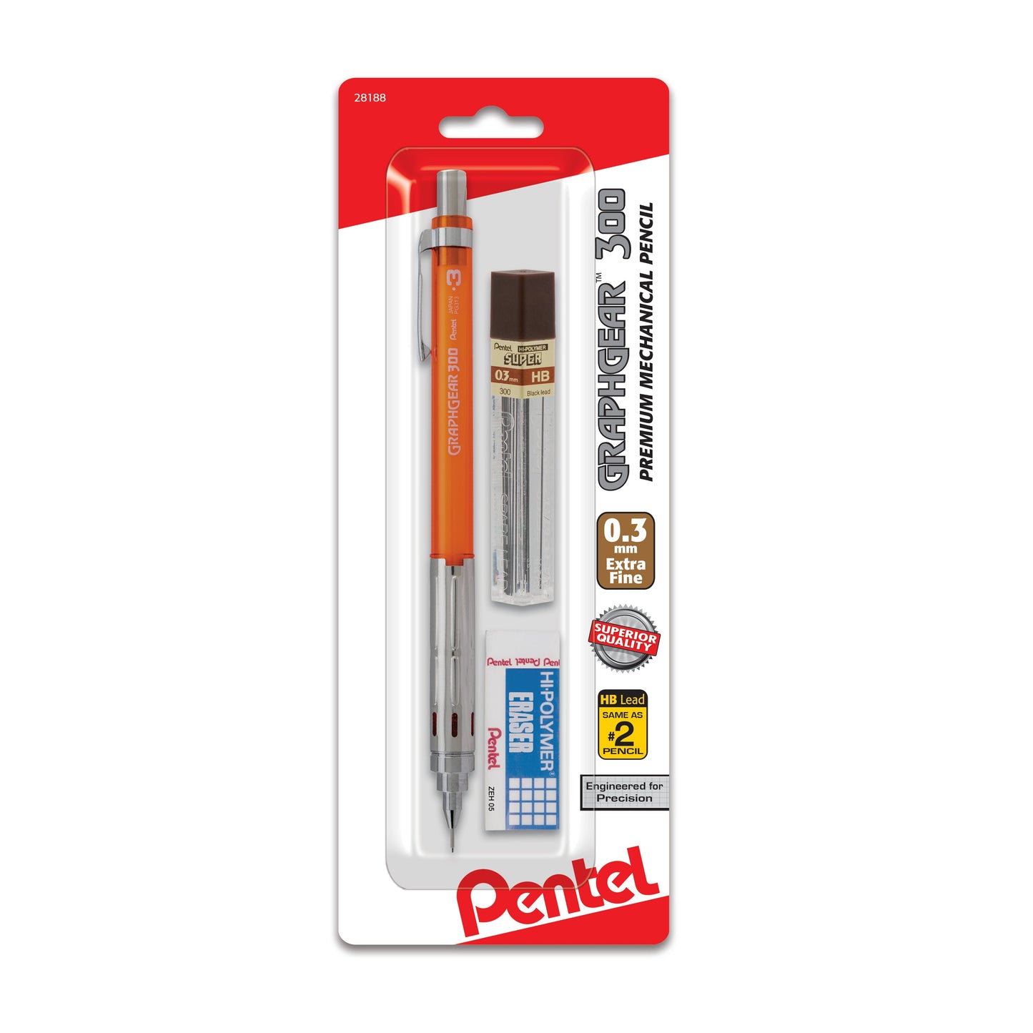 GraphGear 300 Mechanical Pencil, (0.3mm) Extra-fine line, Orange Barrel, with small block eraser + 1 refill lead tube (12  ea/ tube), 1-pk (PG313TLEBP)
