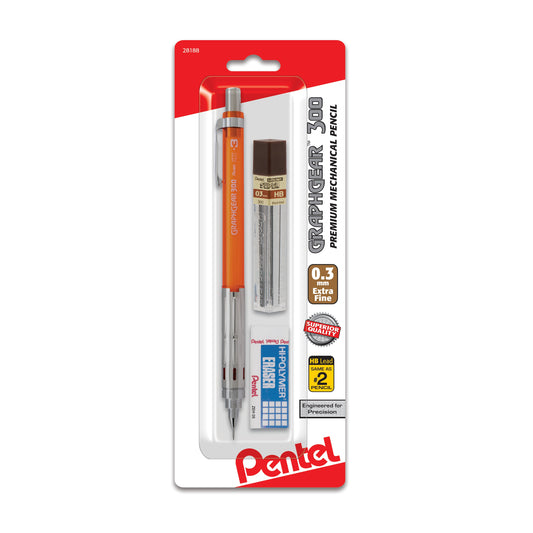 GraphGear 300 Mechanical Pencil, (0.3mm) Extra-fine line, Orange Barrel, with small block eraser + 1 refill lead tube (12  ea/ tube), 1-pk (PG313TLEBP)