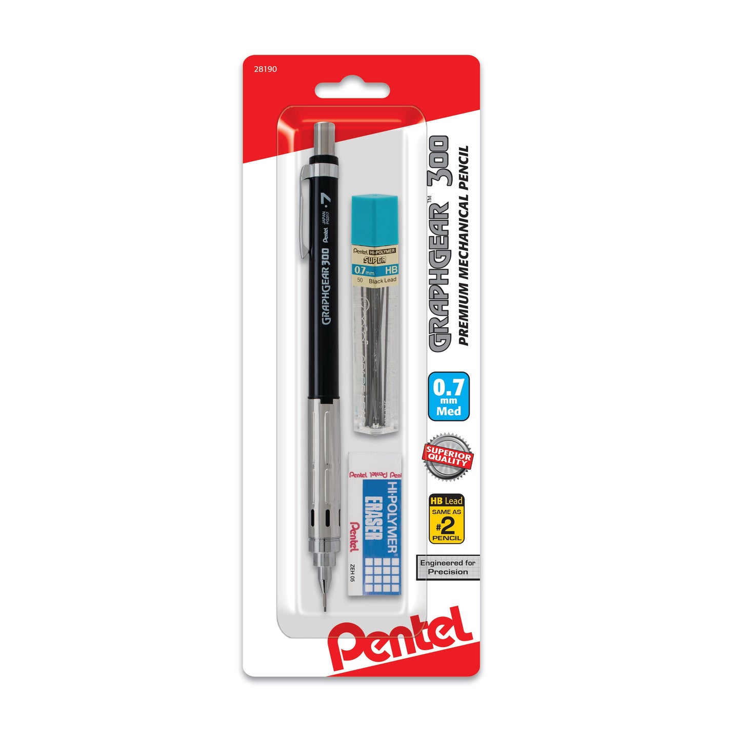 GraphGear 300 Mechanical Pencil, (0.7mm) Medium line, Assorted Barrels, with small block eraser + 1 refill lead tube (12  ea/ tube), 1-pk (PG317TLEBP)