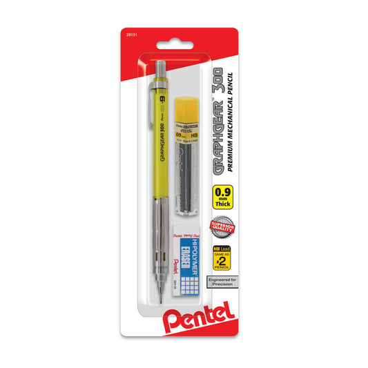 GraphGear 300 Mechanical Pencil, (0.9mm) Thick line, Assorted Barrels, with small block eraser + 1 refill lead tube (12  ea/ tube), 1-pk (PG319TLEBP)