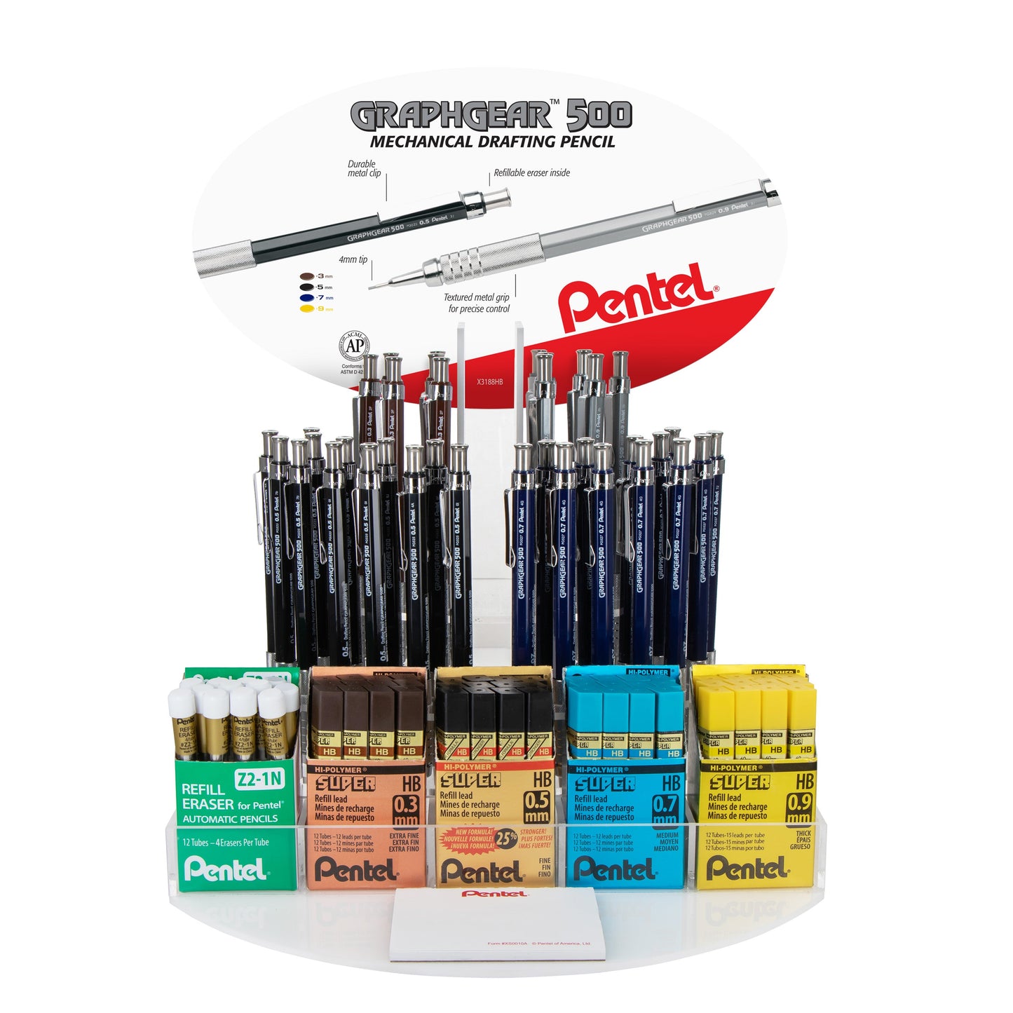 GraphGear 500 Premium Mechanical Pencil, (0.5/0.7/0.9mm) Assorted Barrel Colors, Refill Lead & Eraser, Open Stock Display - 96 Pieces (PG520-96)
