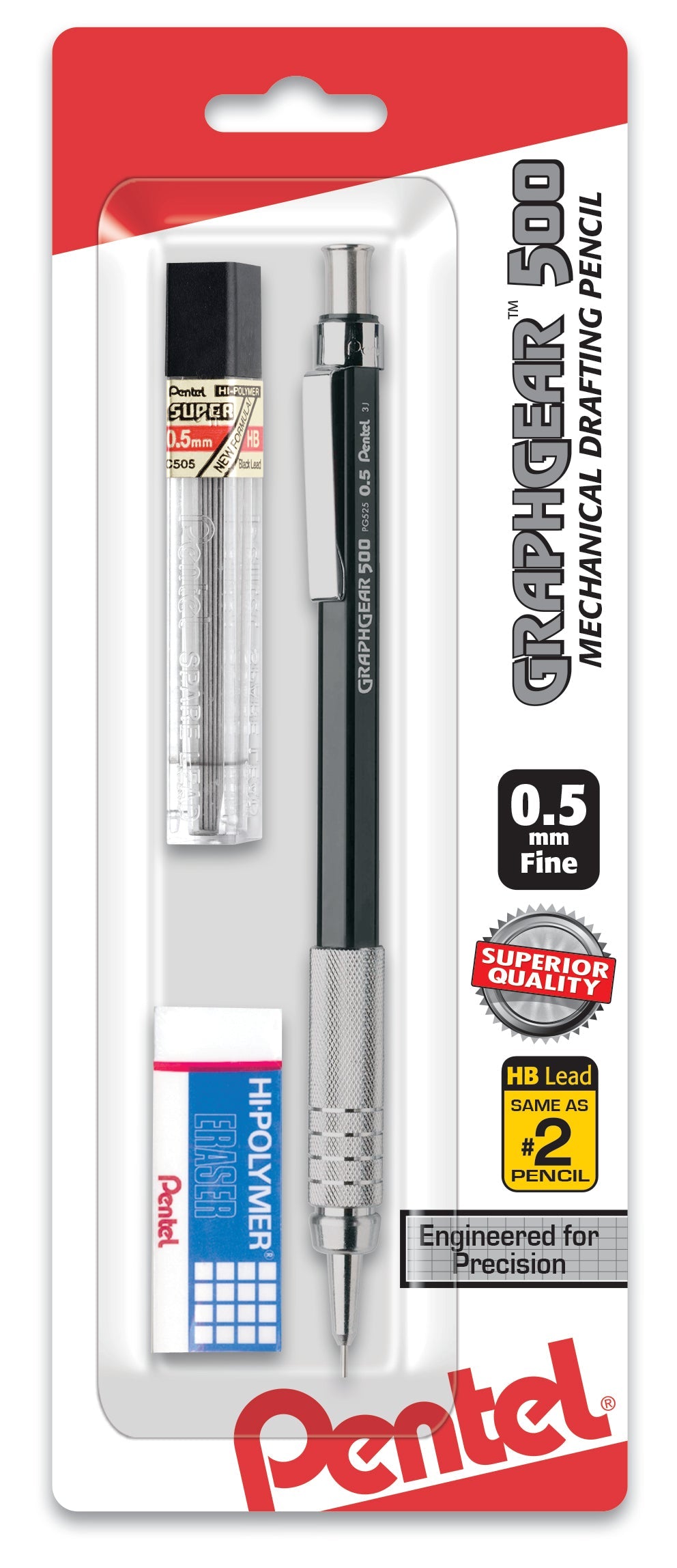 GraphGear 500 Automatic Drafting Pencil (0.5mm), Black Barrel 1-Pk  with Lead & Small Block Eraser (PG525LEBP)