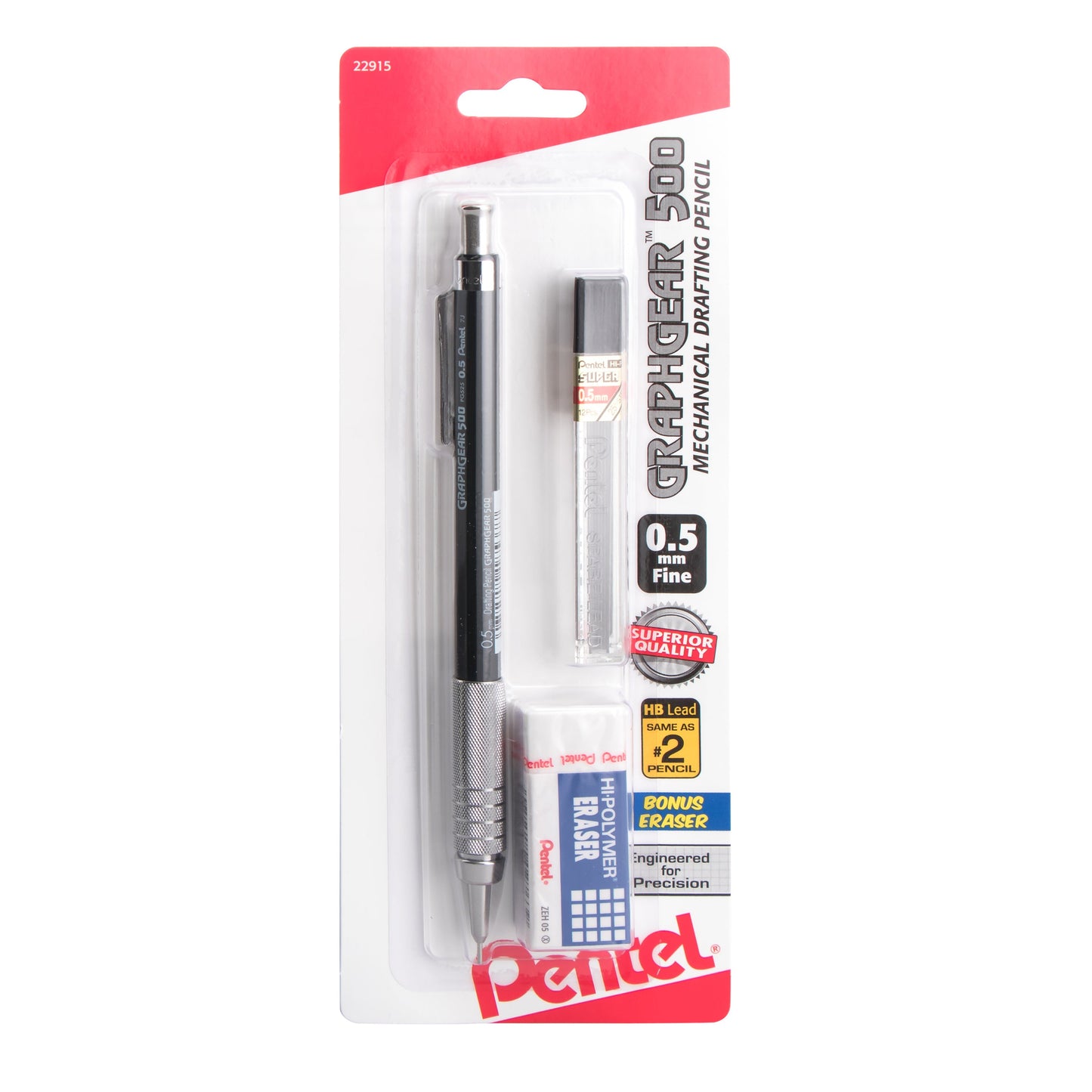 GraphGear 500 Automatic Drafting Pencil (0.5mm), Black Barrel 1-Pk  with Lead & Small Block Eraser (PG525LEBP)