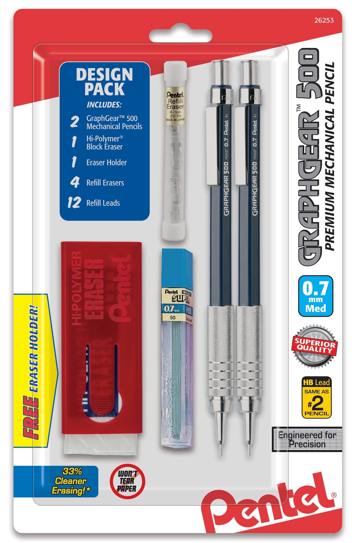 GraphGear 500 Automatic Drafting Pencil (0.7mm), Blue Barrel 2-Pk with Lead, Refill Eraser Tube & Large Block Eraser with holder (PG527LEBP2)