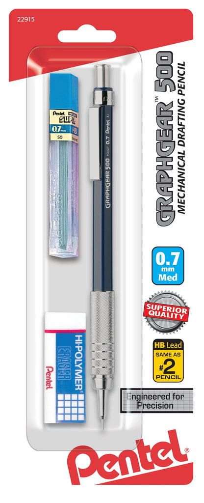 GraphGear 500 Automatic Drafting Pencil (0.7mm), Blue Barrel 1-Pk  with Lead & Small Block Eraser (PG527LEBP)