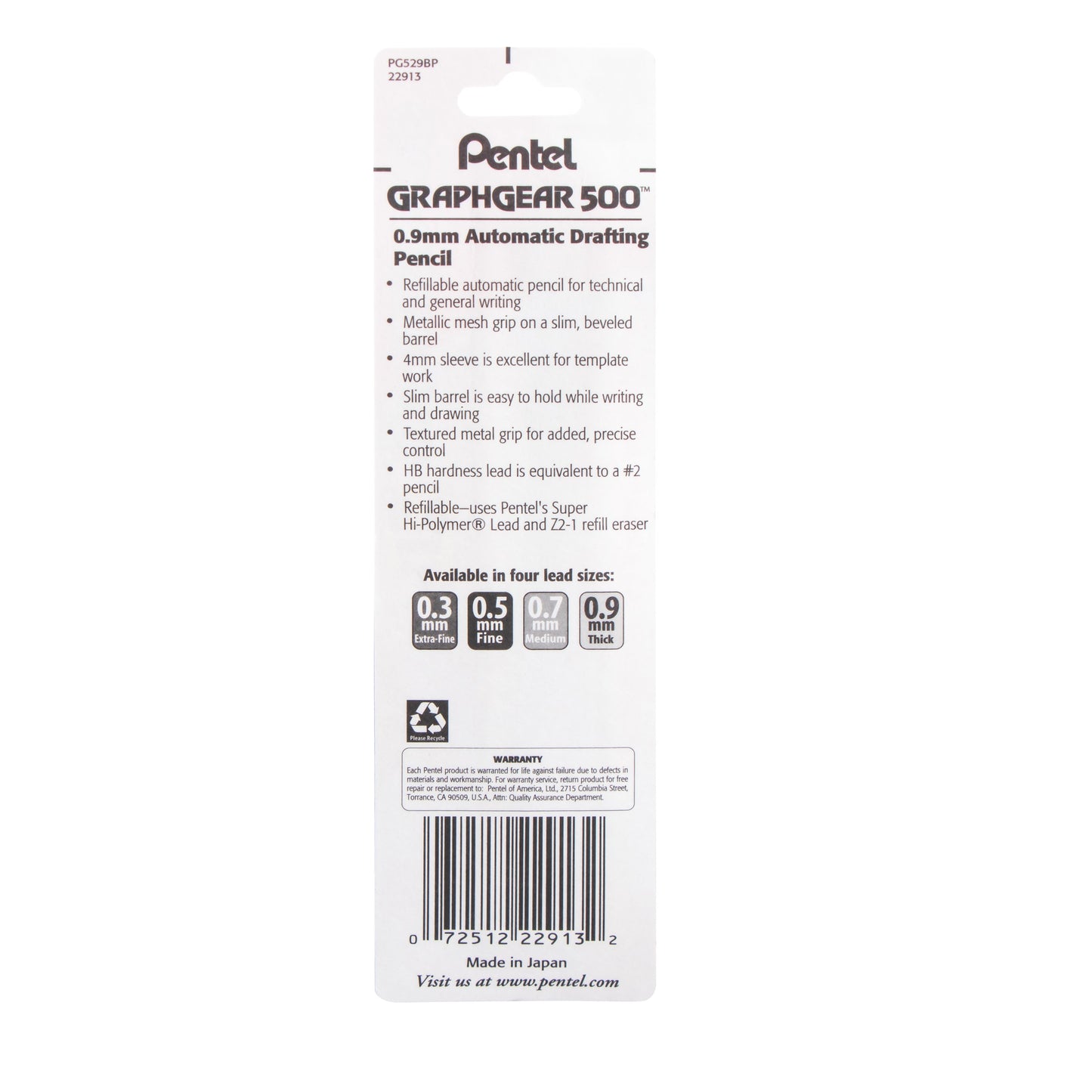GraphGear 500 Automatic Drafting Pencil (0.9mm), Gray Barrel 1-Pk (PG529BP)