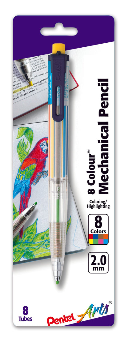 Pentel Arts 8 Color Mechanical Pencil (2.0mm), Assorted Accent Clip Colors 1-Pk (PH158BP)