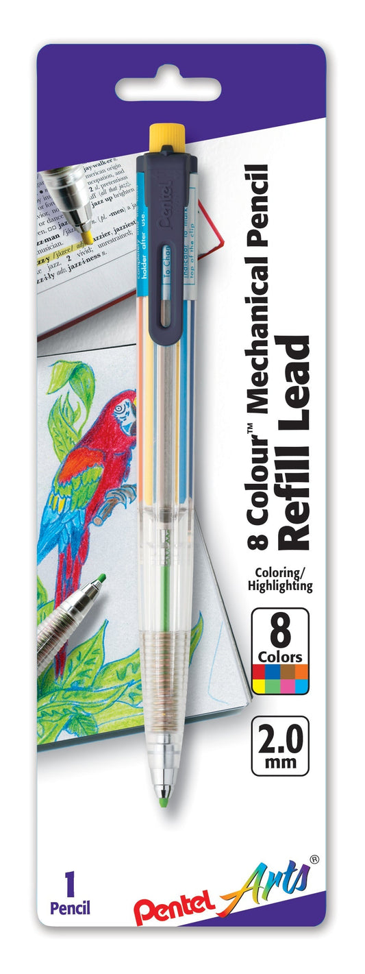 Pentel Arts 8 Color Mechanical Pencil (2.0mm), Assorted Accent Clip Colors 1-Pk (PH158BP), 72 Each