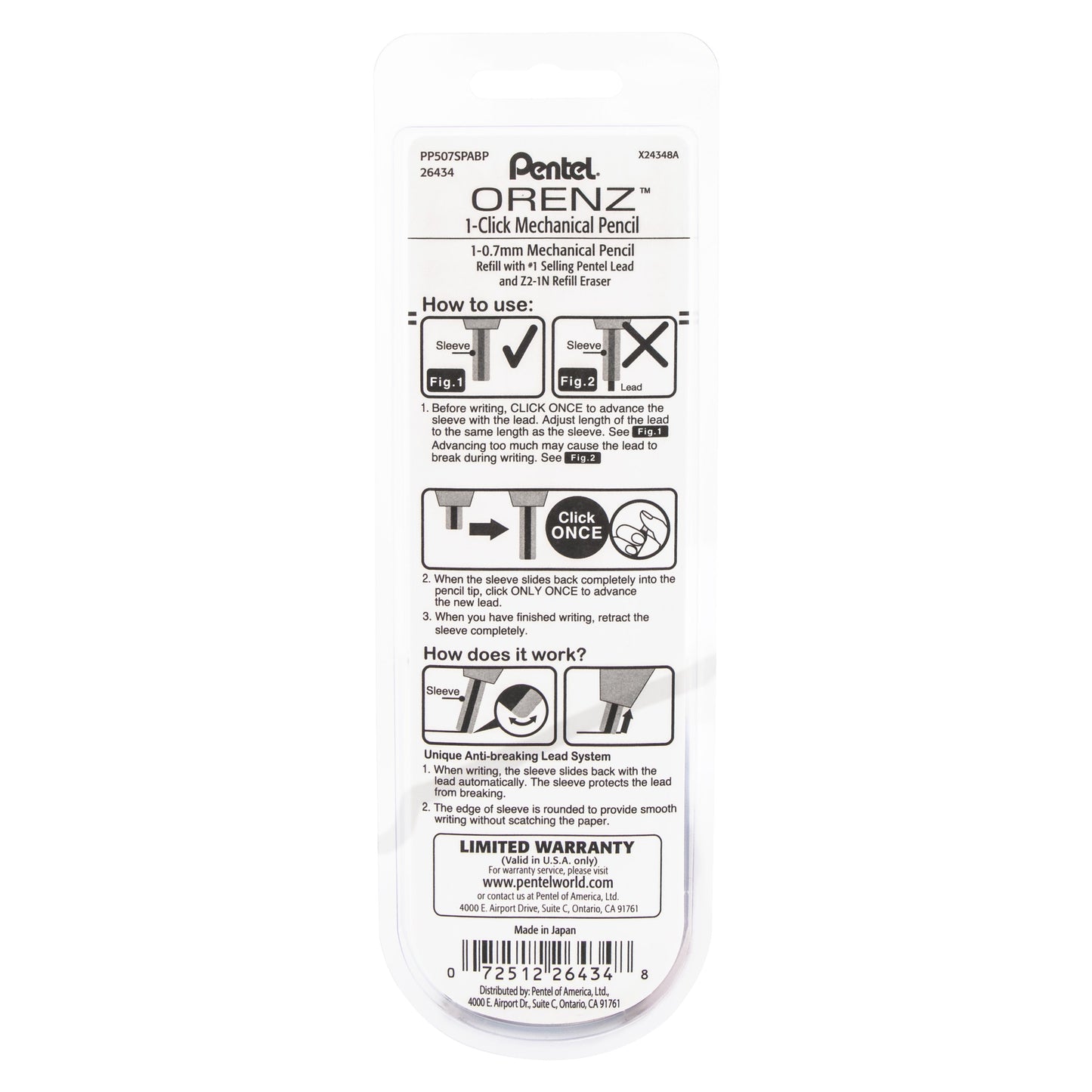 Pentel Arts ORENZ 1-Click Mechanical Pencil (0.7mm) Sky Blue Barrel, 1-Pk, Japan Style Graphics (PP507SPABP)