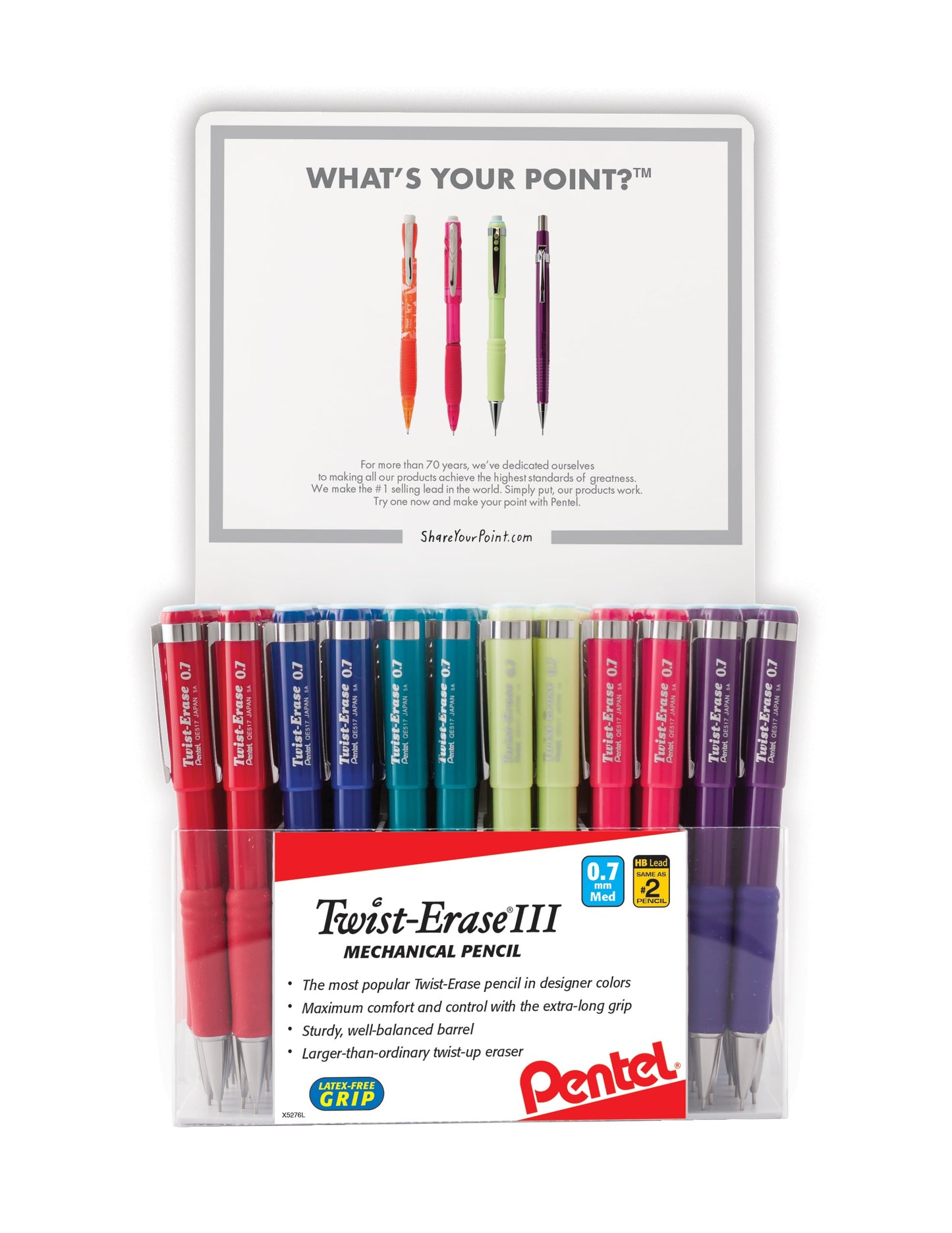 Twist-Erase III Mechanical Pencil, (0.7mm) Assorted Barrel Colors (B/C/D2/K/P/V), 
Open Stock Display - 72 Pieces (QE517F-6)