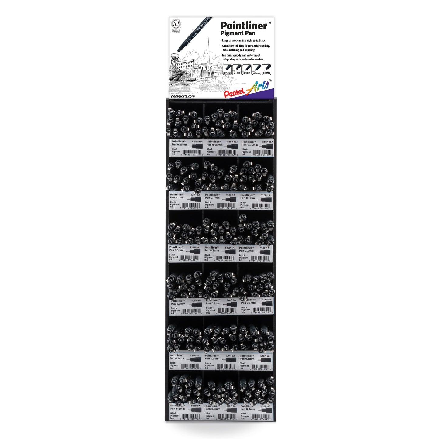 Pentel Arts Pointliner Pen Tower Display - 216 Pieces (S20P-216)