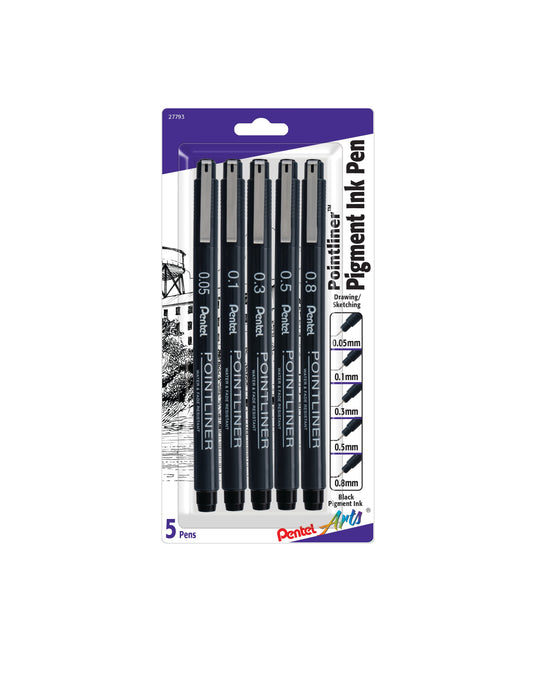 Pentel Arts Pointliner Pen, 5-Pack, Assorted Sizes, Black Ink (S20PBP5A)