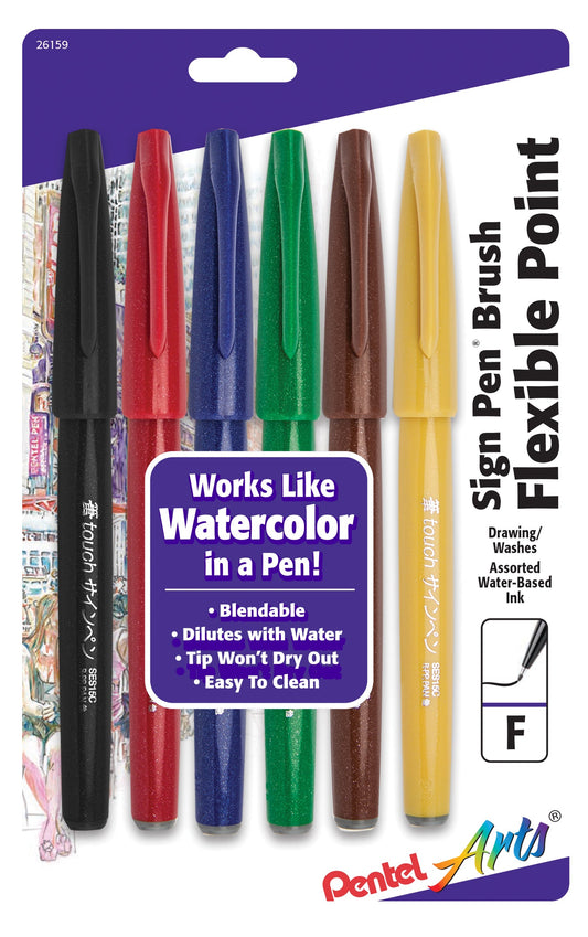 Pentel Arts Sign Pen Brush Tip, Assorted Colors, 6-Pk (SES15CBP6M)