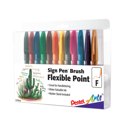 Pentel Arts Sign Pen Brush Tip, Assorted Colors (A/D/F/V/S/G/C/B/E/P/N/Y), 12-Pk Plastic BOX (SES15CPC12)