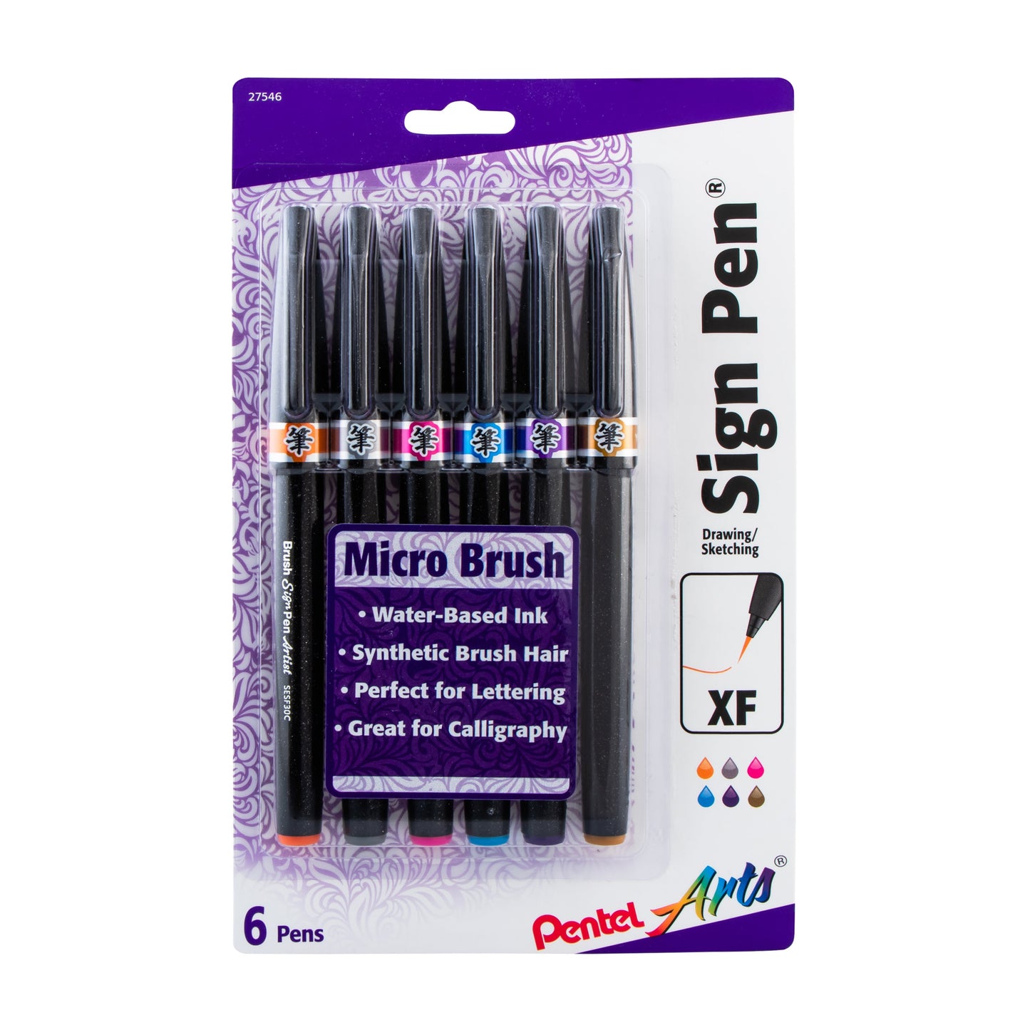 Pentel Arts Sign Pen Micro Brush, Assorted Ink, (F/N/P/S/V/Y) 6-pk (SESF30BP6M1)