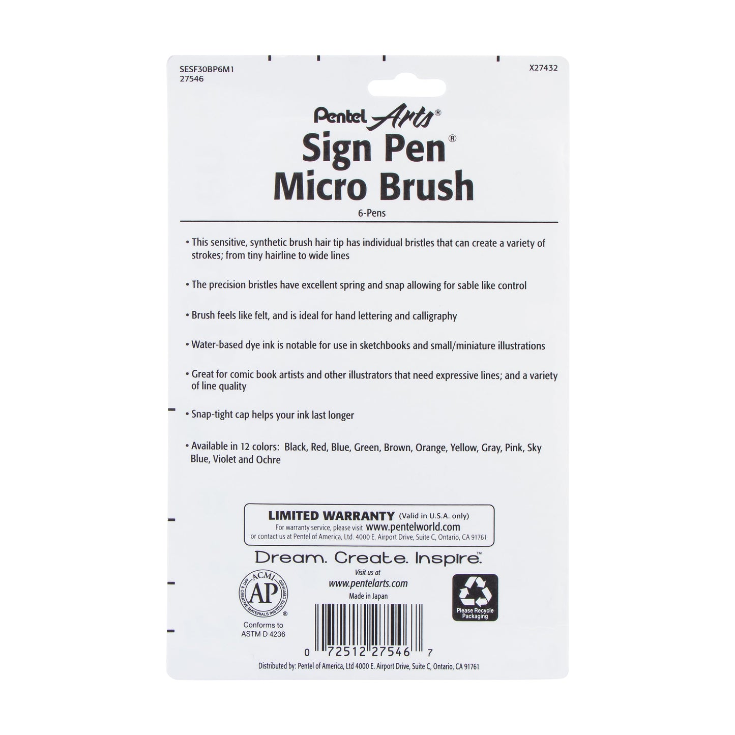 Pentel Arts Sign Pen Micro Brush, Assorted Ink, (F/N/P/S/V/Y) 6-pk (SESF30BP6M1)