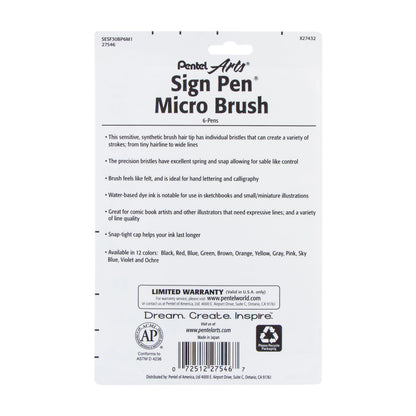 Pentel Arts Sign Pen Micro Brush, Assorted Ink, (F/N/P/S/V/Y) 6-pk (SESF30BP6M1)