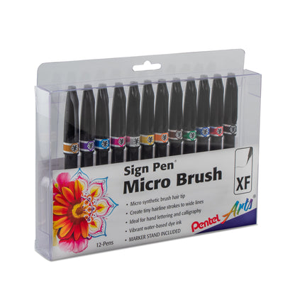 Pentel Arts Sign Pen Micro Brush Tip, Assorted Colors (A/B/C/D/E/F/G/N/P/S/V/Y), 12-pk Plastic Box (SESF30CPC12)