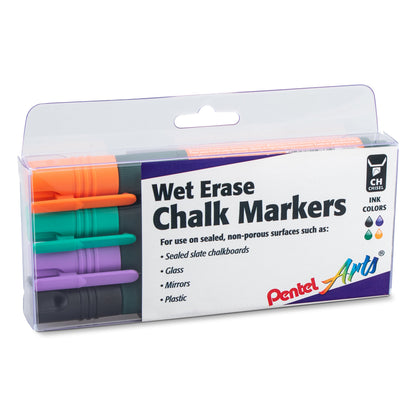 Pentel Arts Wet Erase Chalk Marker Set, Chisel Tip, Assorted (ADFV) 4-Pk Plastic BOX (SMW26PC4M1)