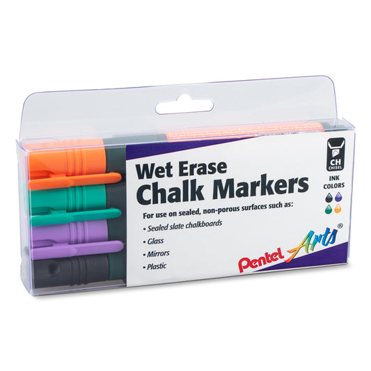 Pentel Arts Wet Erase Chalk Marker Set, Chisel Tip, Assorted (ADFV) 4-Pk Plastic BOX (SMW26PC4M1)