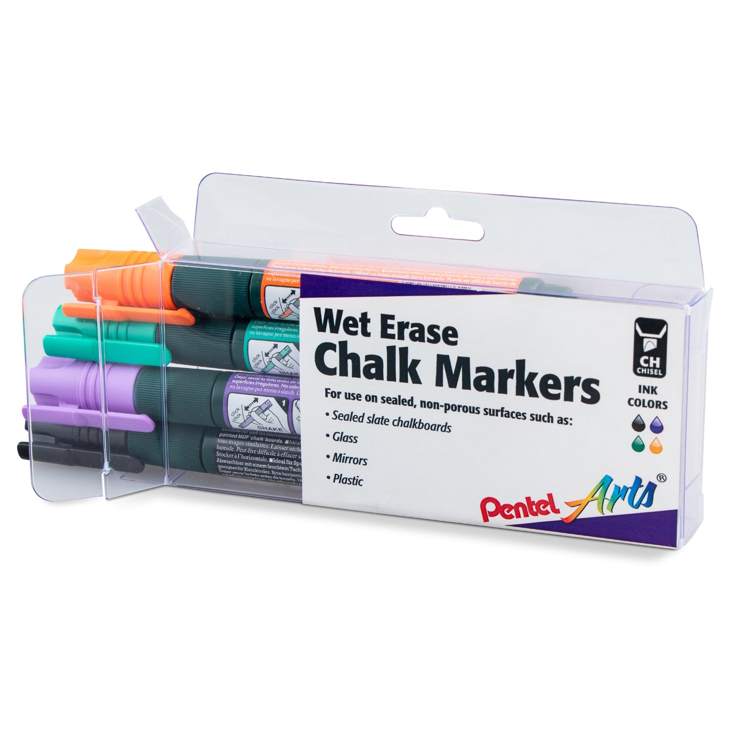 Pentel Arts Wet Erase Chalk Marker Set, Chisel Tip, Assorted (ADFV) 4-Pk Plastic BOX (SMW26PC4M1)