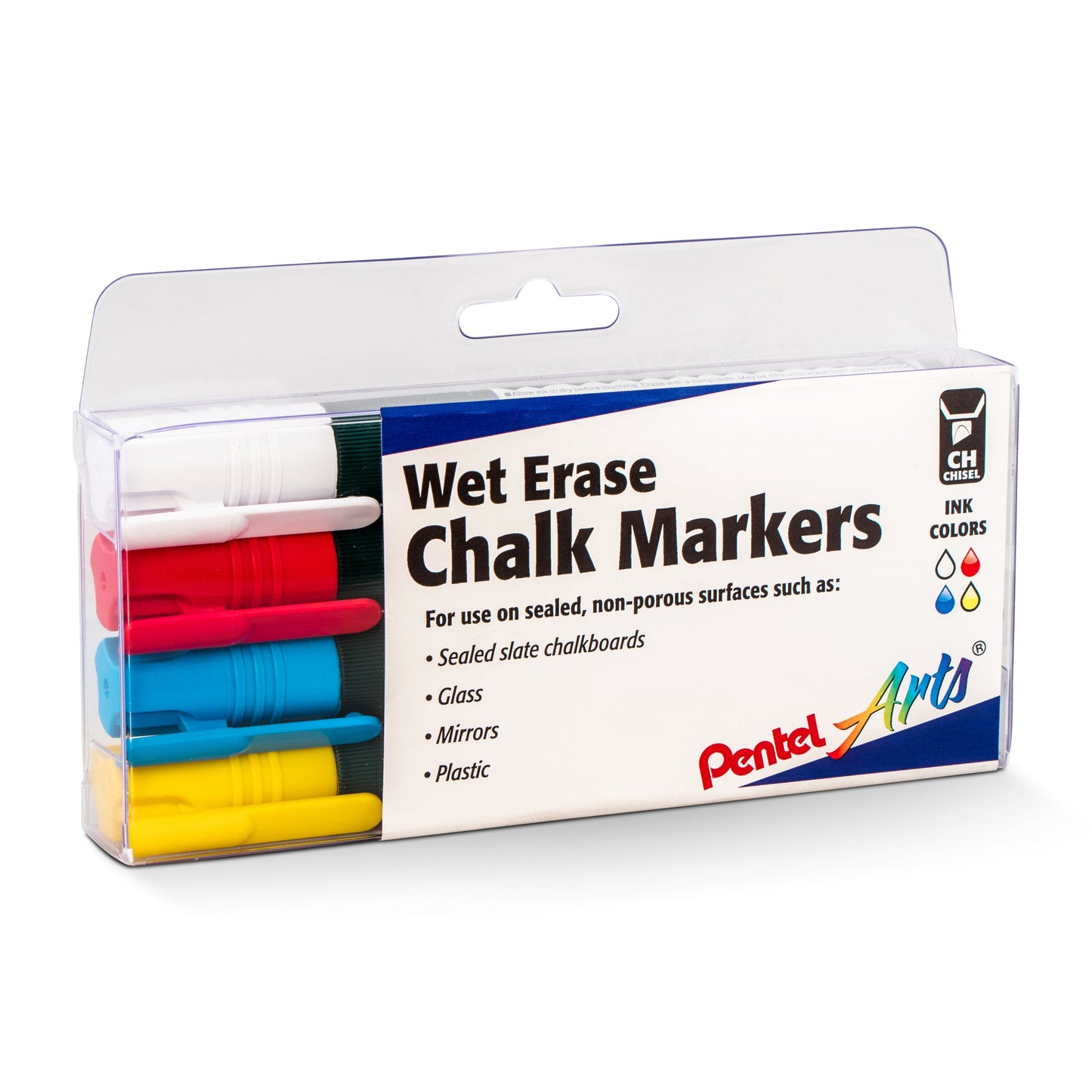 Pentel Arts Wet Erase Chalk Marker Set, Chisel Tip, Assorted (WGCB) 4-Pk Plastic BOX (SMW26PC4M)