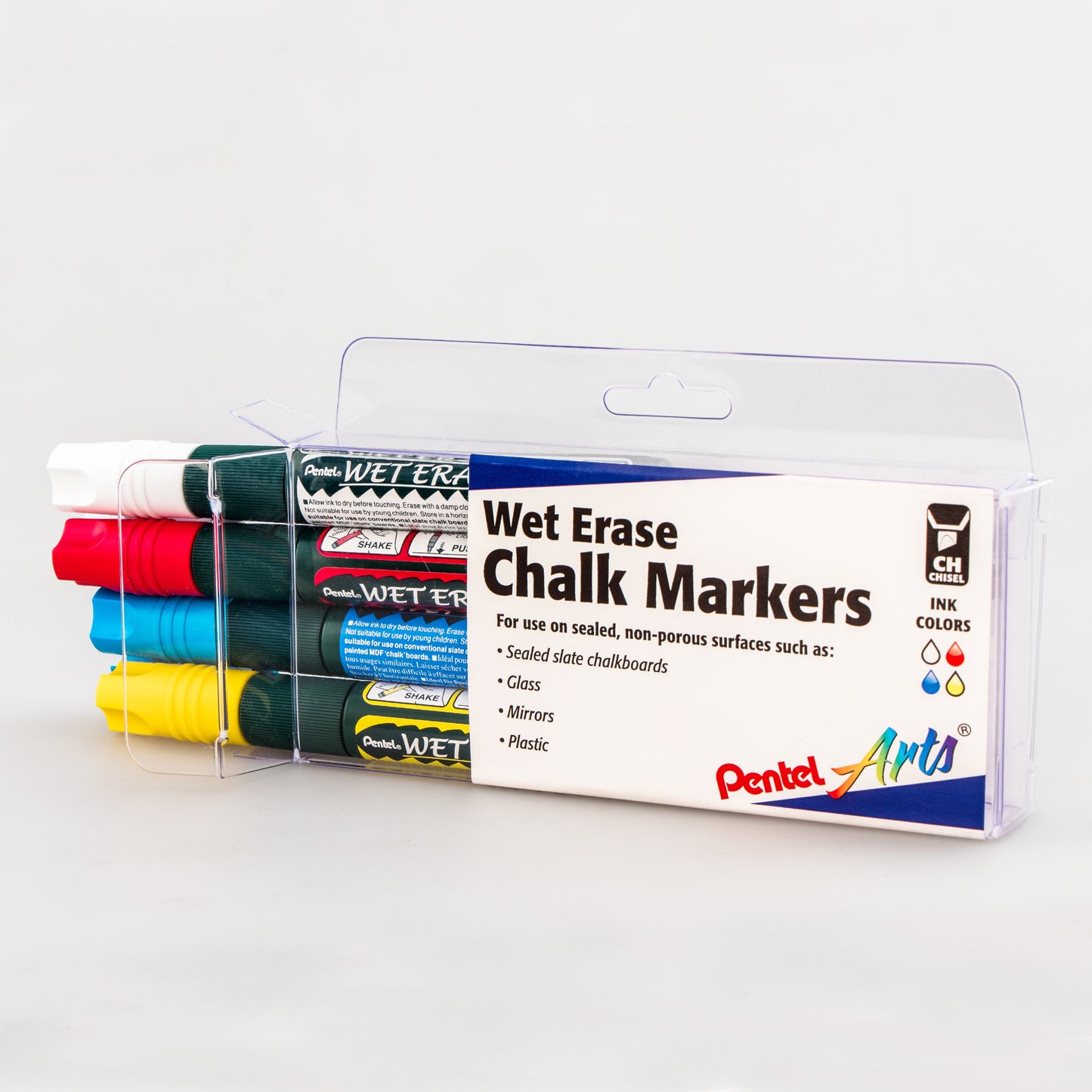 Pentel Arts Wet Erase Chalk Marker Set, Chisel Tip, Assorted (WGCB) 4-Pk Plastic BOX (SMW26PC4M)