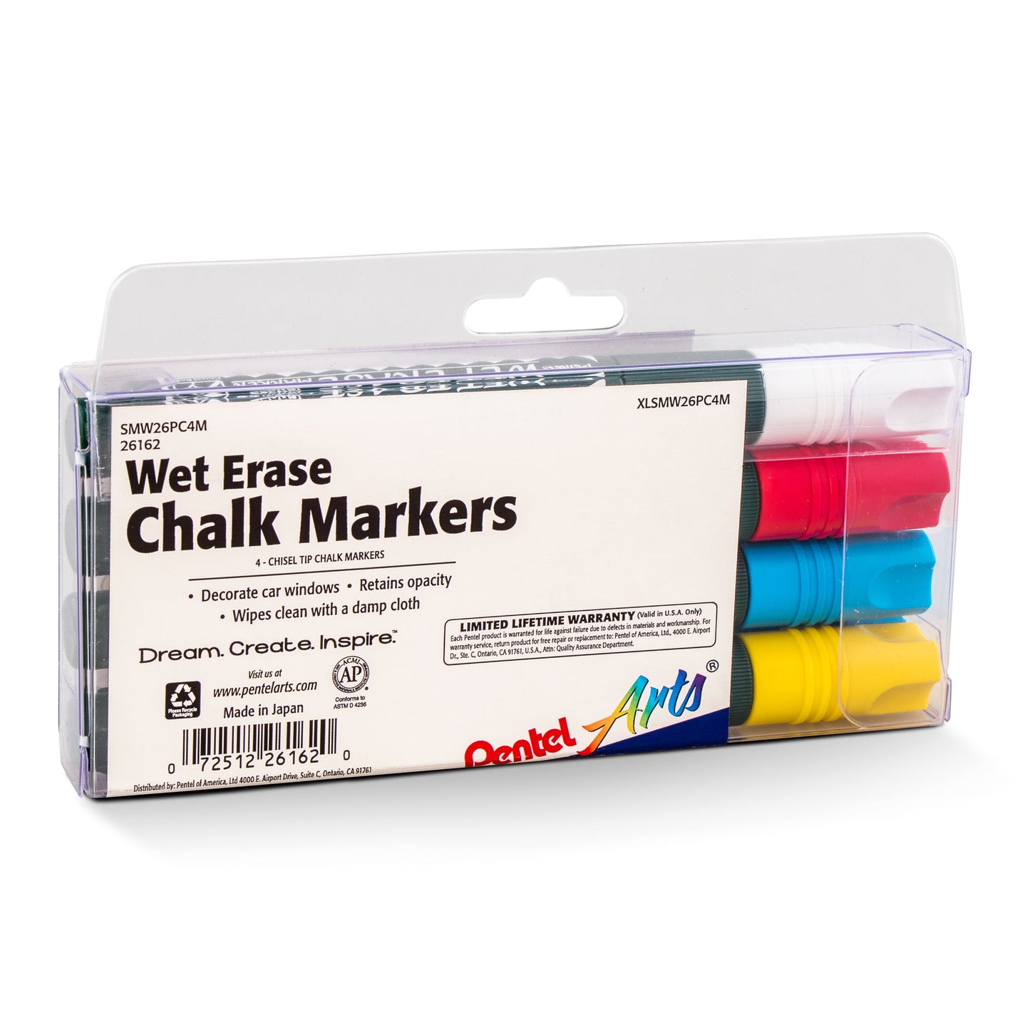Pentel Arts Wet Erase Chalk Marker Set, Chisel Tip, Assorted (WGCB) 4-Pk Plastic BOX (SMW26PC4M)