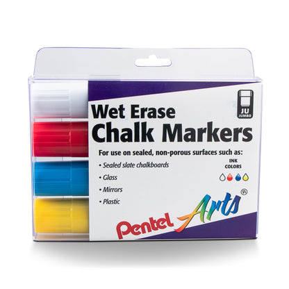 Pentel Arts Wet Erase Chalk Marker Set, Jumbo Tip, Assorted (WGCB) 4-Pk Plastic BOX (SMW56PC4M)