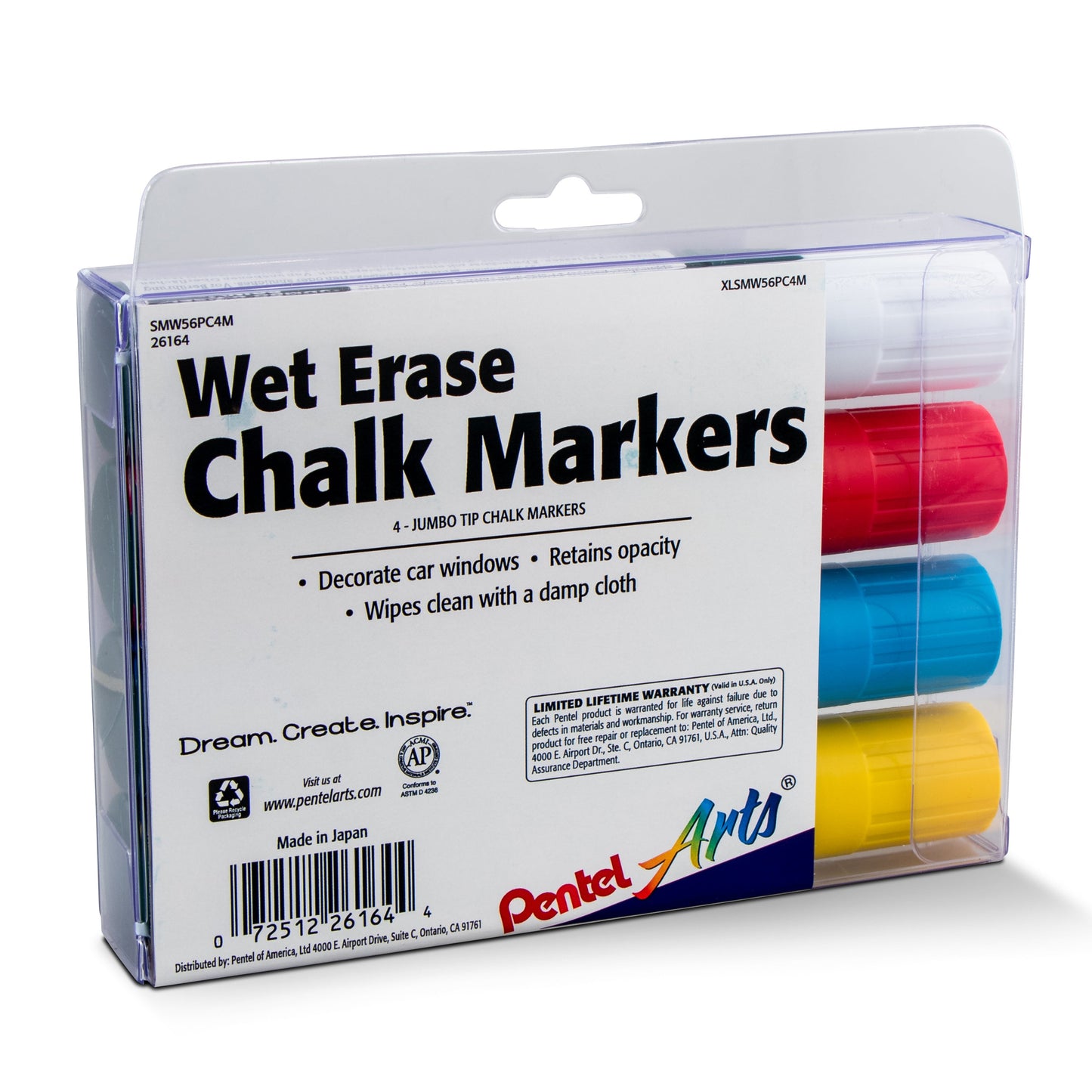 Pentel Arts Wet Erase Chalk Marker Set, Jumbo Tip, Assorted (WGCB) 4-Pk Plastic BOX (SMW56PC4M)