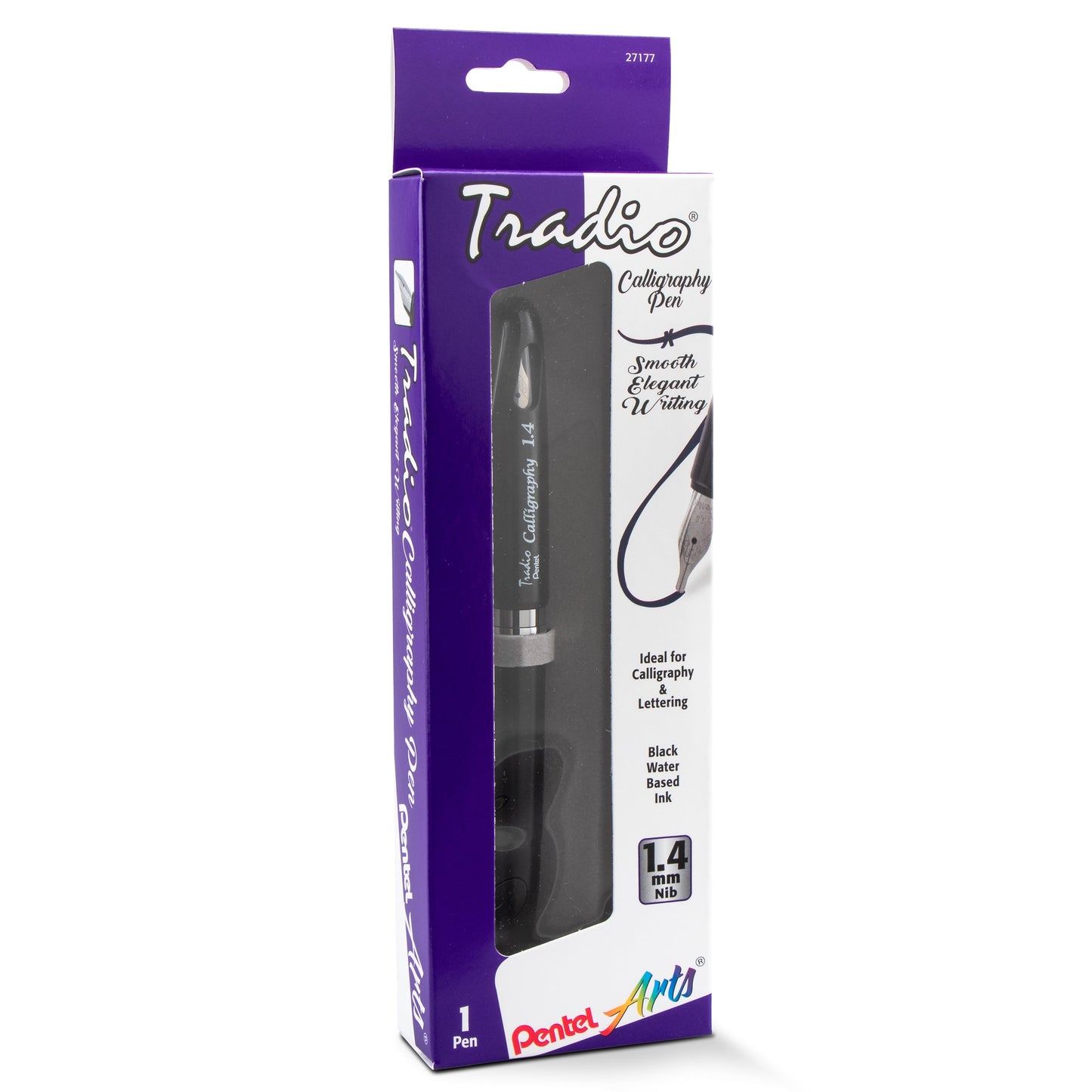Pentel Arts Tradio Calligraphy Pen, Water-Based Ink, 1.4mm, Black Barrel/Ink, in Hanging Box (TRC114ABP)