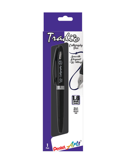 Pentel Arts Tradio Calligraphy Pen, Water-Based Ink, 1.8mm, Black Barrel/Ink, in Hanging Box (TRC118ABP)