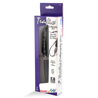 Pentel Arts Tradio Calligraphy Pen, Water-Based Ink, 1.8mm, Black Barrel/Ink, in Hanging Box (TRC118ABP)
