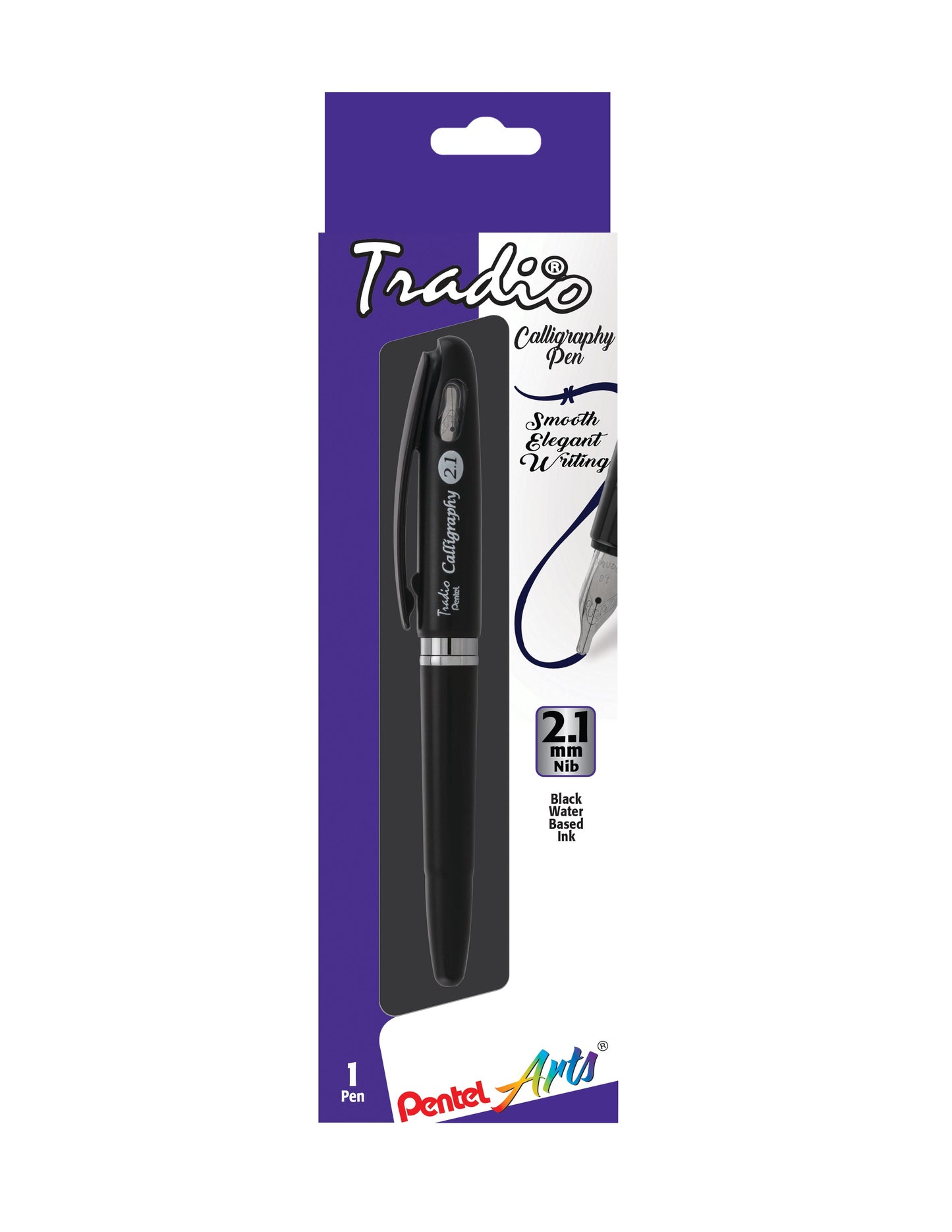 Pentel Arts Tradio Calligraphy Pen, Water-Based Ink, 2.1mm, Black Barrel/Ink, in Hanging Box (TRC121ABP)