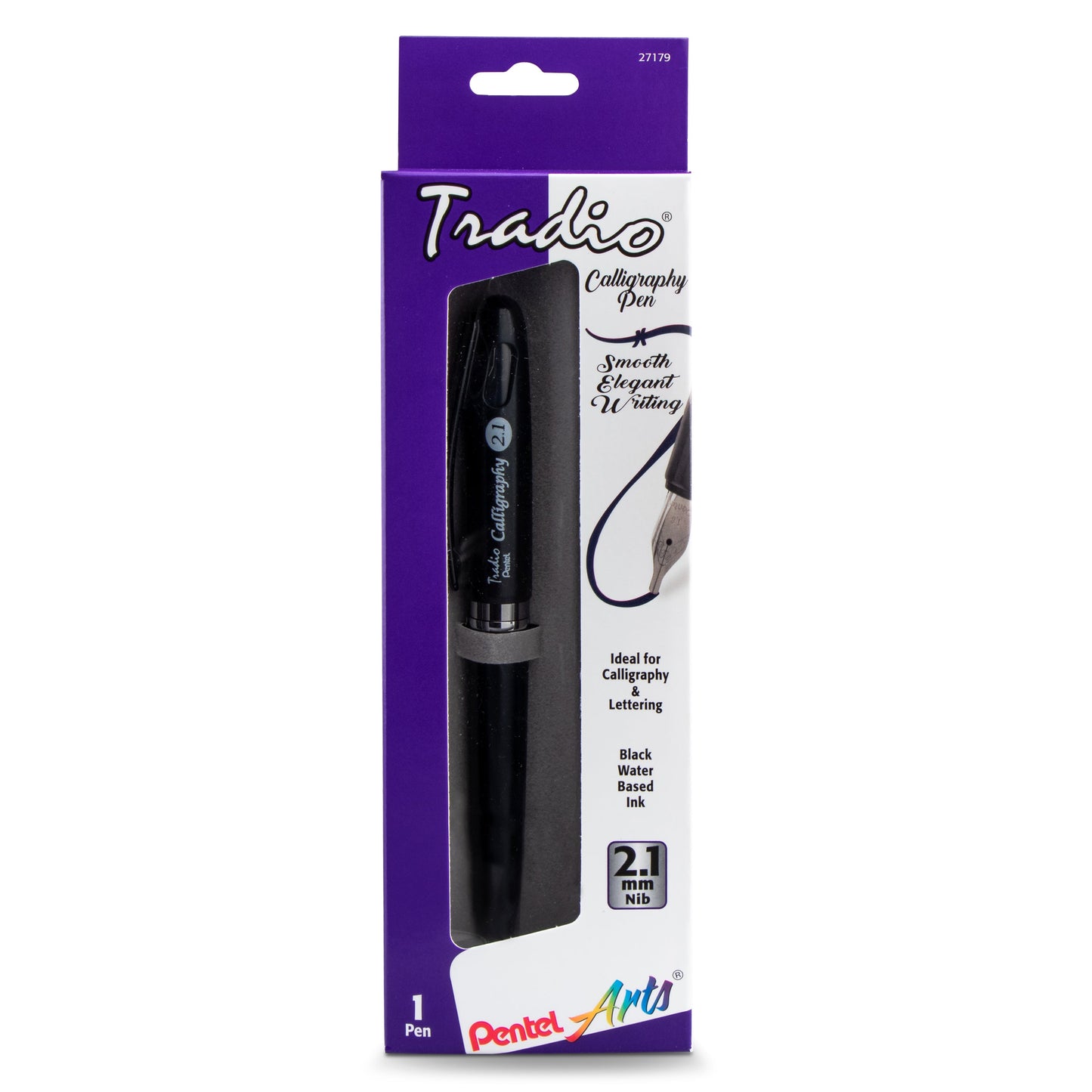 Pentel Arts Tradio Calligraphy Pen, Water-Based Ink, 2.1mm, Black Barrel/Ink, in Hanging Box (TRC121ABP)