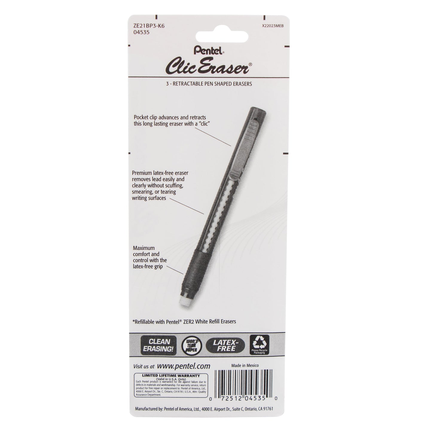 Clic Eraser Grip Retractable Eraser with Grip Assorted Office Barrels, 3-Pk (ZE21BP3-K6)