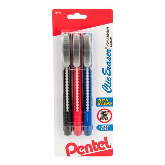 Clic Eraser Grip Retractable Eraser with Grip Office Barrel Colors 3-Pk (ZE21BP3M)
